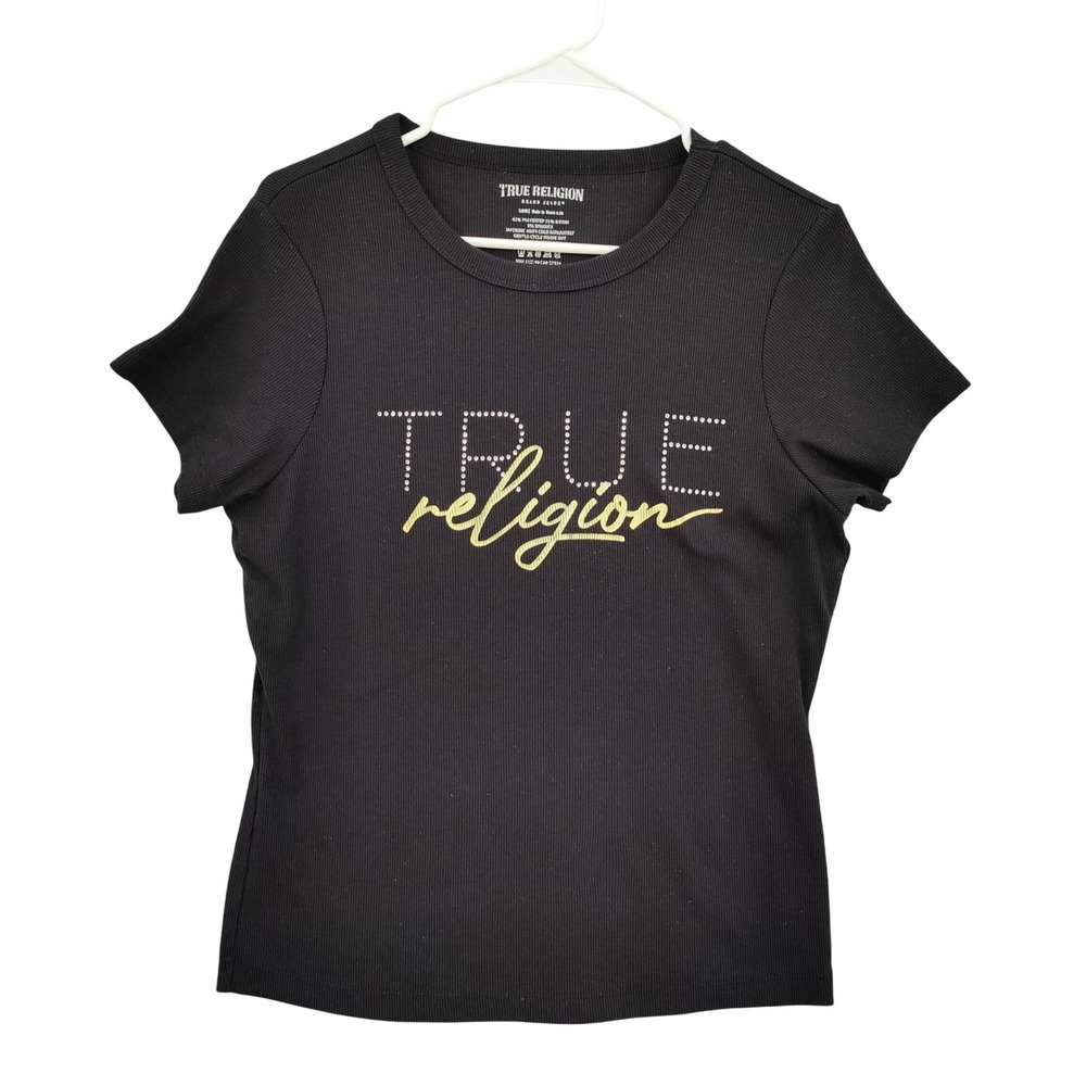 True Religion Womens Black Y2K Ribbed Crew Neck Short Sleeve Shirt Top Large